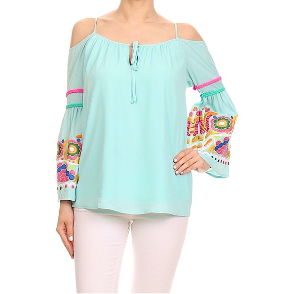 Vava by Joy Han size medium boho hippie cold shoulder floral bell sleeve shirt - Picture 4 of 16